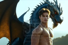 The Dragon Prince - A very attractive shirtless young male prince,standing next to him a huge dragon.