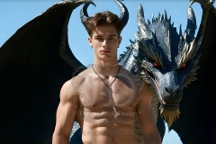 The Dragon Prince - A very attractive shirtless young male prince,standing next to him a huge dragon.