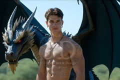 The Dragon Prince - A very attractive shirtless young male prince,standing next to him a huge dragon.