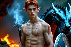 The Dragon Prince - A very attractive shirtless young male prince,standing next to him a huge dragon.