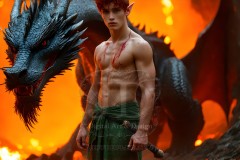 The Dragon Prince - A very attractive shirtless young male prince,standing next to him a huge dragon.