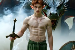 The Dragon Prince - A very attractive shirtless young male prince,standing next to him a huge dragon.