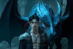 The Dragon Prince - A very attractive shirtless young male prince,standing next to him a huge dragon.