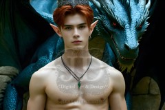 The Dragon Prince - A very attractive shirtless young male prince,standing next to him a huge dragon.