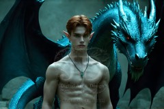 The Dragon Prince - A very attractive shirtless young male prince,standing next to him a huge dragon.
