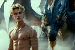 The Dragon Prince - A very attractive shirtless young male prince,standing next to him a huge dragon.
