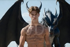 The Dragon Prince - A very attractive shirtless young male prince,standing next to him a huge dragon.