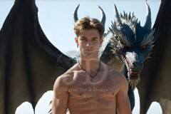 The Dragon Prince - A very attractive shirtless young male prince,standing next to him a huge dragon.