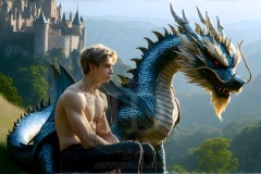 The Dragon Prince - A very attractive shirtless young male prince,standing next to him a huge dragon.