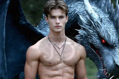 The Dragon Prince - A very attractive shirtless young male prince,standing next to him a huge dragon.