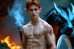 The Dragon Prince - A very attractive shirtless young male prince,standing next to him a huge dragon.