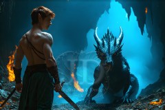 The Dragon Prince - A very attractive shirtless young male prince,standing next to him a huge dragon.