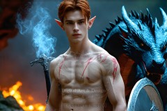 The Dragon Prince - A very attractive shirtless young male prince,standing next to him a huge dragon.