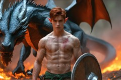 The Dragon Prince - A very attractive shirtless young male prince,standing next to him a huge dragon.