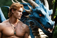 The Dragon Prince - A very attractive shirtless young male prince,standing next to him a huge dragon.