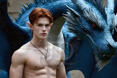 The Dragon Prince - A very attractive shirtless young male prince,standing next to him a huge dragon.
