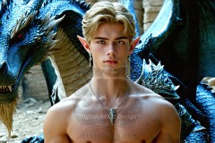 The Dragon Prince - A very attractive shirtless young male prince,standing next to him a huge dragon.