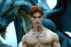 The Dragon Prince - A very attractive shirtless young male prince,standing next to him a huge dragon.