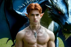 The Dragon Prince - A very attractive shirtless young male prince,standing next to him a huge dragon.