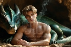 The Dragon Prince - A very attractive shirtless young male prince,standing next to him a huge dragon.