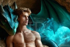 The Dragon Prince - A very attractive shirtless young male prince,standing next to him a huge dragon.