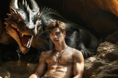 The Dragon Prince - A very attractive shirtless young male prince,standing next to him a huge dragon.