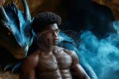 The Dragon Prince - A very attractive shirtless young male prince,standing next to him a huge dragon.
