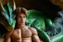 The Dragon Prince - A very attractive shirtless young male prince,standing next to him a huge dragon.