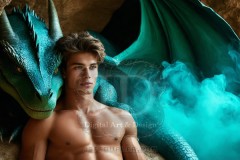 The Dragon Prince - A very attractive shirtless young male prince,standing next to him a huge dragon.
