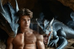 The Dragon Prince - A very attractive shirtless young male prince,standing next to him a huge dragon.