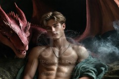 The Dragon Prince - A very attractive shirtless young male prince,standing next to him a huge dragon.