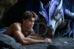 The Dragon Prince - A very attractive shirtless young male prince,standing next to him a huge dragon.