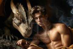 The Dragon Prince - A very attractive shirtless young male prince,standing next to him a huge dragon.