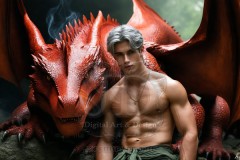 The Dragon Prince - A very attractive shirtless young male prince,standing next to him a huge dragon.