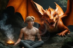 The Dragon Prince - A very attractive shirtless young male prince,standing next to him a huge dragon.
