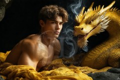 The Dragon Prince - A very attractive shirtless young male prince,standing next to him a huge dragon.