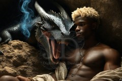 The Dragon Prince - A very attractive shirtless young male prince,standing next to him a huge dragon.