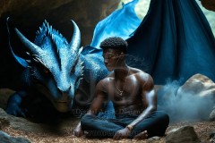 The Dragon Prince - A very attractive shirtless young male prince,standing next to him a huge dragon.