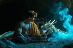 The Dragon Prince - A very attractive shirtless young male prince,standing next to him a huge dragon.