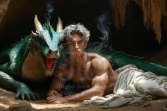 The Dragon Prince - A very attractive shirtless young male prince,standing next to him a huge dragon.