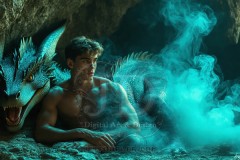 The Dragon Prince - A very attractive shirtless young male prince,standing next to him a huge dragon.