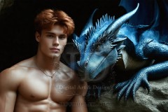 The Dragon Prince - A very attractive shirtless young male prince,standing next to him a huge dragon.