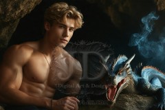The Dragon Prince - A very attractive shirtless young male prince,standing next to him a huge dragon.