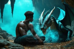 The Dragon Prince - A very attractive shirtless young male prince,standing next to him a huge dragon.