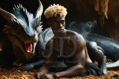 The Dragon Prince - A very attractive shirtless young male prince,standing next to him a huge dragon.