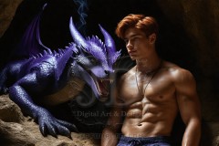 The Dragon Prince - A very attractive shirtless young male prince,standing next to him a huge dragon.