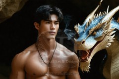 The Dragon Prince - A very attractive shirtless young male prince,standing next to him a huge dragon.