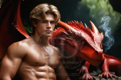 The Dragon Prince - A very attractive shirtless young male prince,standing next to him a huge dragon.