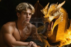 The Dragon Prince - A very attractive shirtless young male prince,standing next to him a huge dragon.