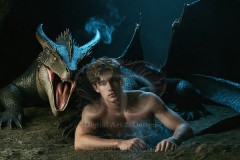 The Dragon Prince - A very attractive shirtless young male prince,standing next to him a huge dragon.